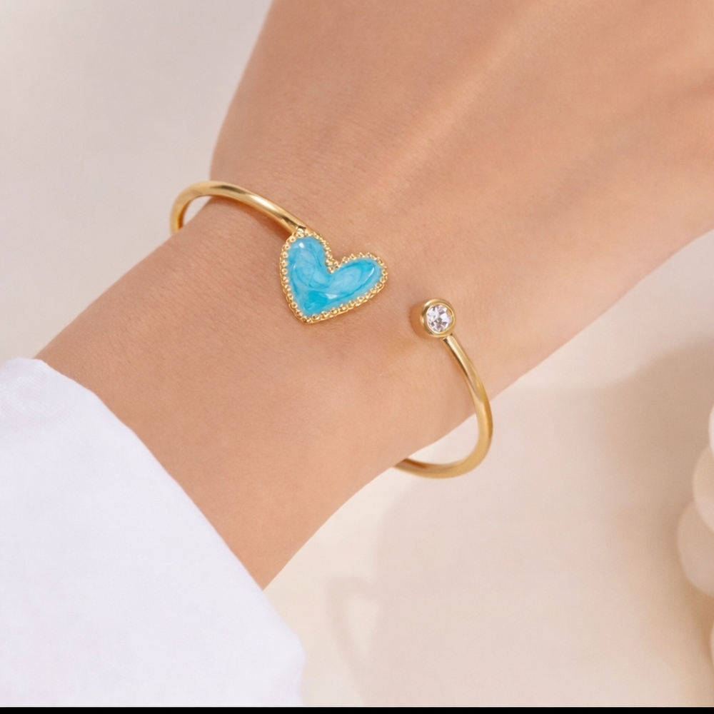 Blue Heart and Cubic Zirconia Open Cuff Bracelet 18k Gold Plated
